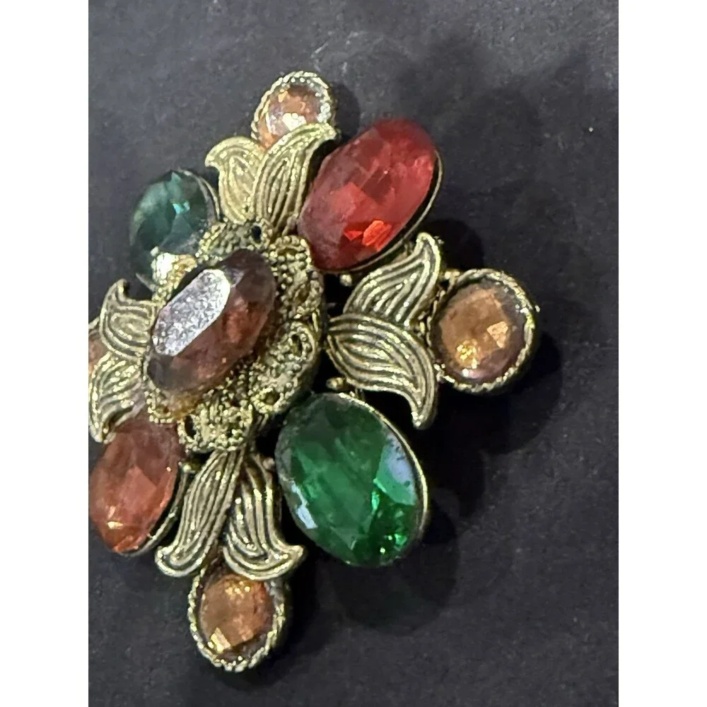 Large Gold Tone Floral Brooch - Multi-Color Faux Gemstone Pin Costume Jewelry